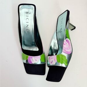 Vicini by Giuseppe Zanotti Y2K Black Metallic blue floral square toe mules EU 40